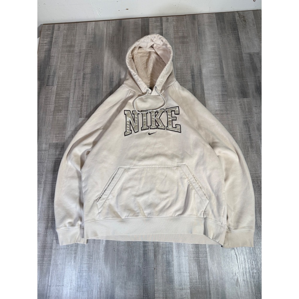 Nike Vintage Pullover Hoodie Cream Brown Spellout Swoosh Mens Large